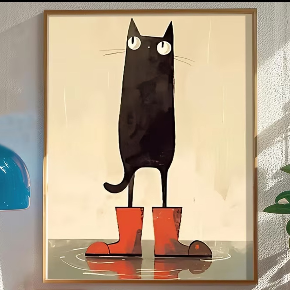 Black Cat Art Print with Red Boots